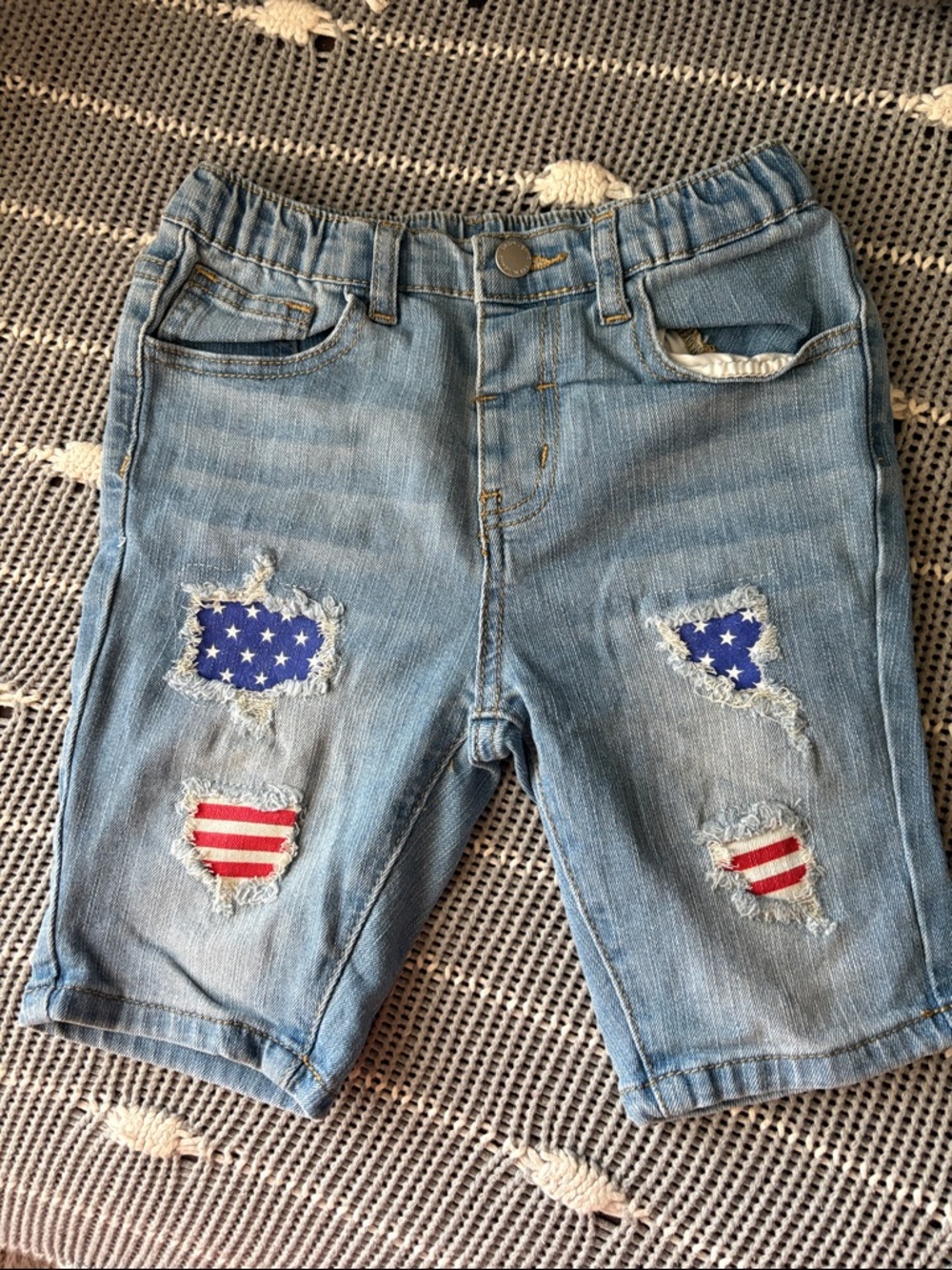 Kids Light Blue Distressed Denim Shorts with American Flag Patch